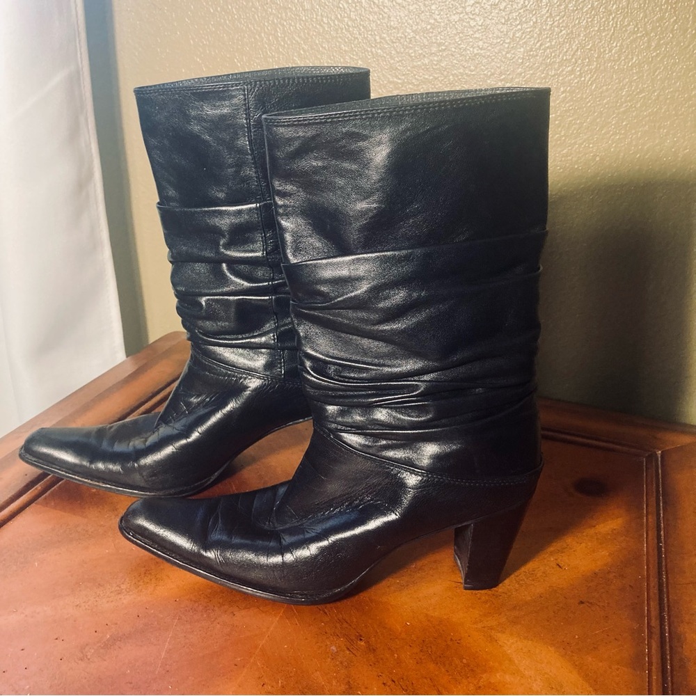Stuart Weitzman 7.5‎ Black 38410 Mid Calf Slouch Booties Block Heel